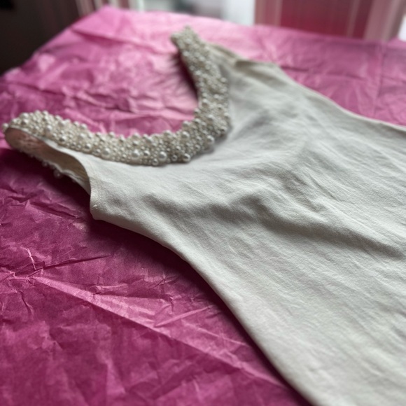 EUC VTG 80s pearl necklace handsewn bodycon ivory dress xs scoop back wedding - Picture 5 of 16